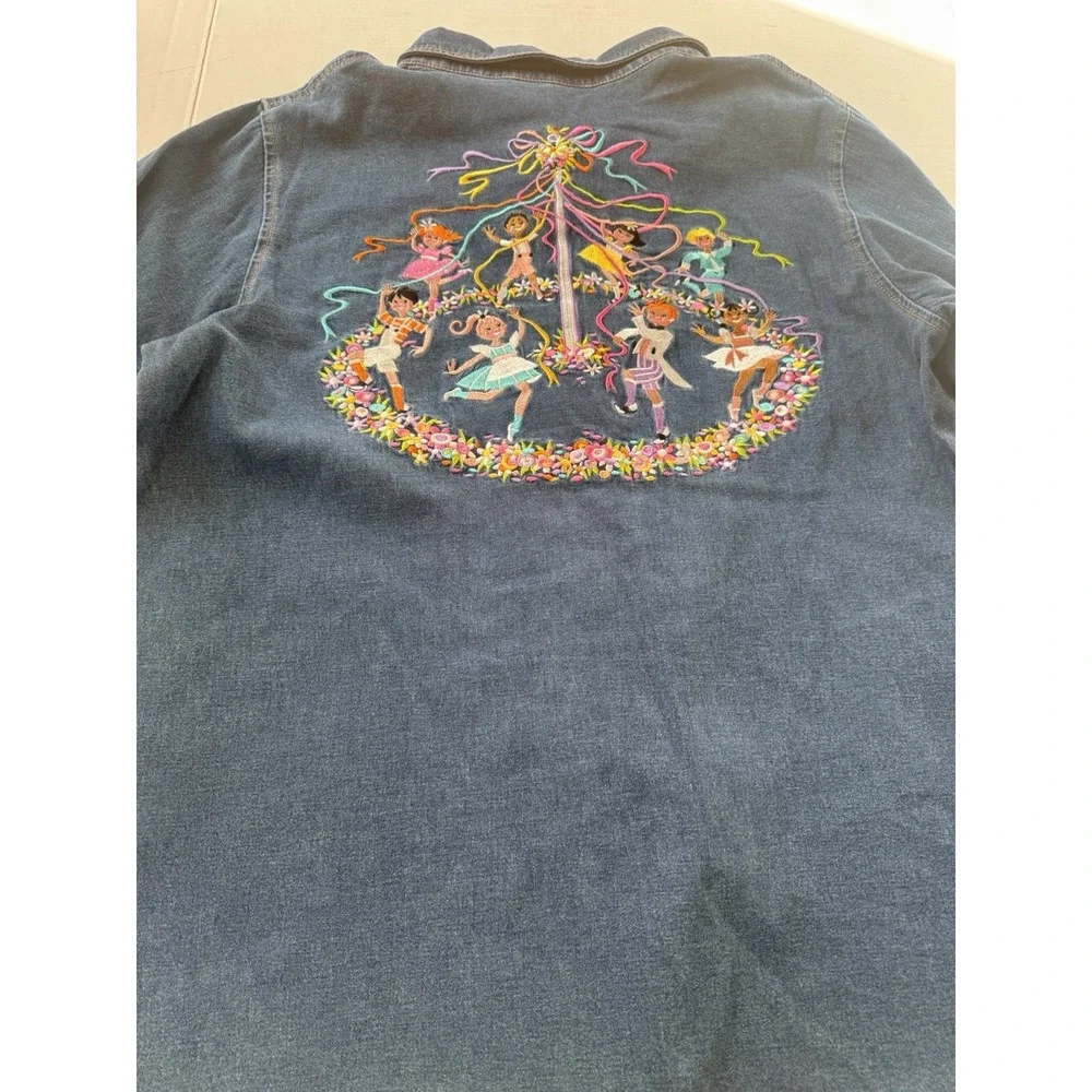 VTG Y2K Bob Mackie Wearable Art Embroidered Maypole Denim Button Down‎ Sz Medium